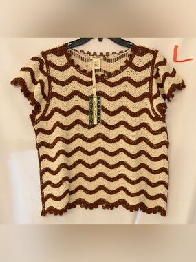 Ultra Pink Cream & Brown Wave-Stripe Crochet Short Sleeve Sweater